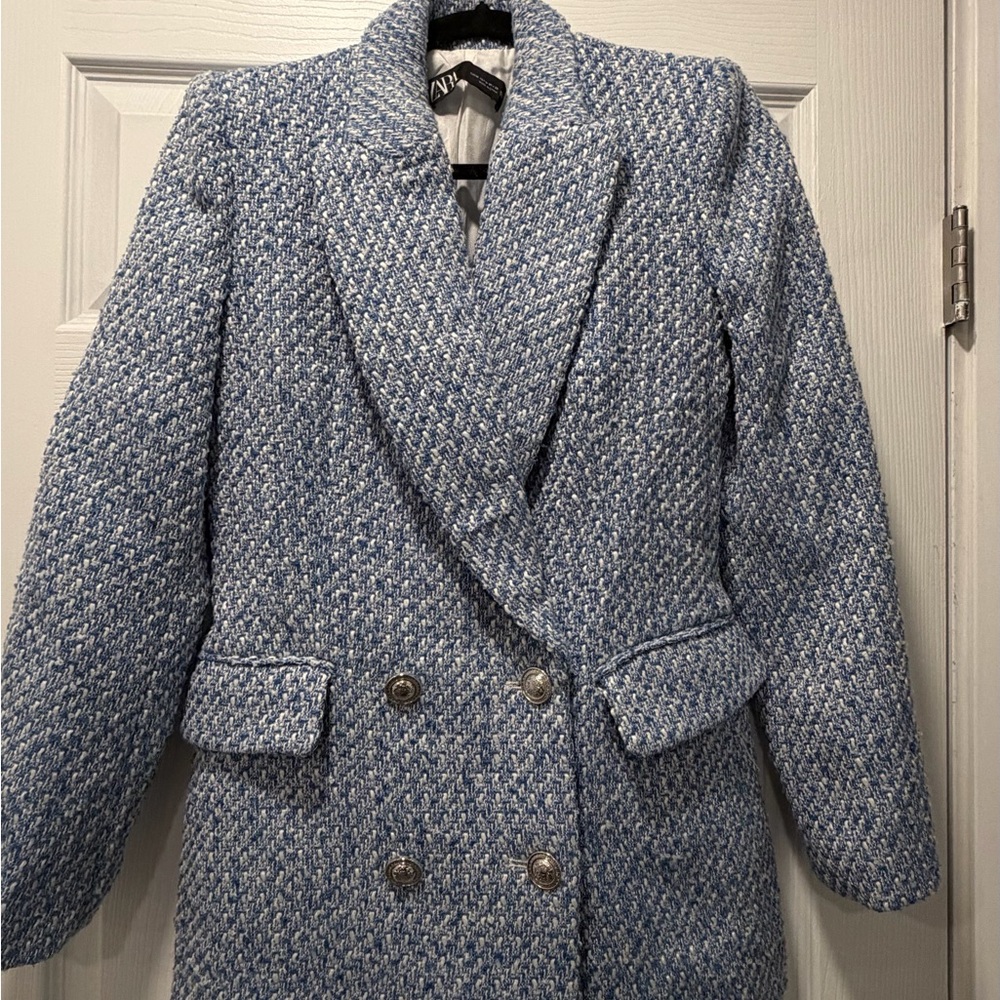 Zara Blue and White Tweed Blazer